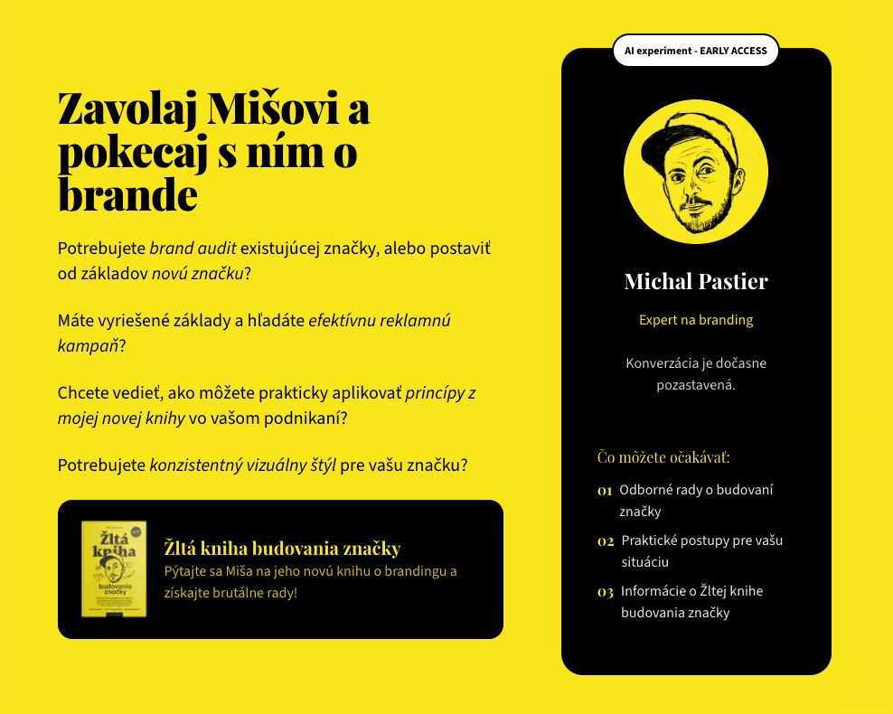 AI Pastier’s yellow and black interface inviting visitors to discuss branding with a voice agent based on Michal Pastier