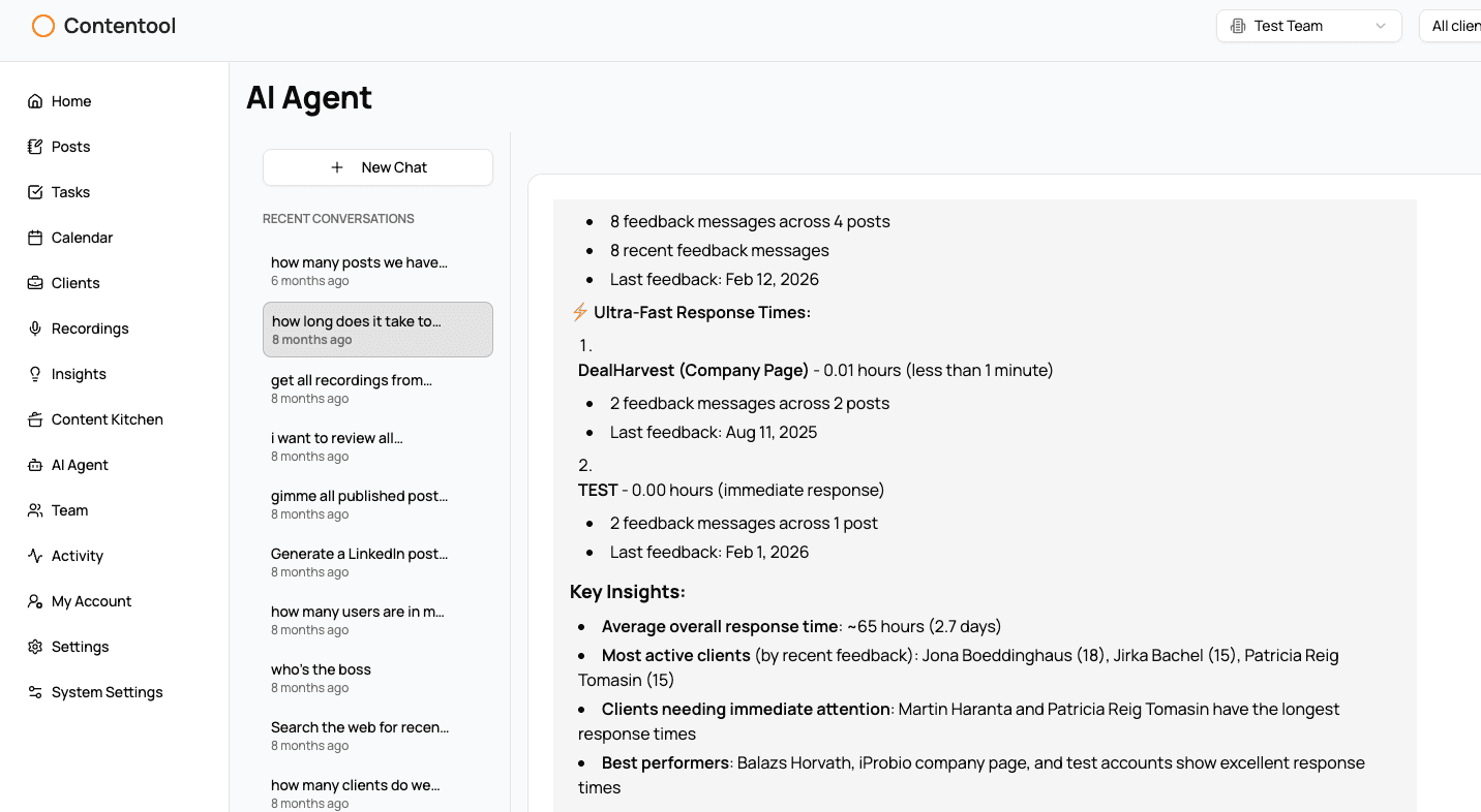 Contentool’s built-in AI agent answering a question about client feedback and response times