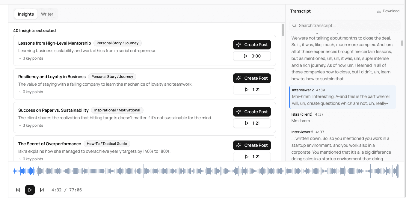 Contentool showing extracted interview insights alongside the transcript and audio player