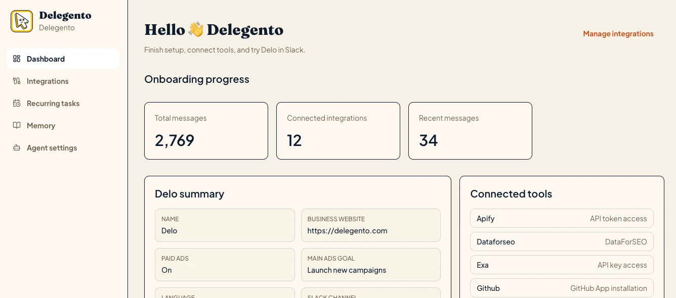 The Delegento dashboard with workspace activity, connected integrations, agent settings, memory, and recurring tasks