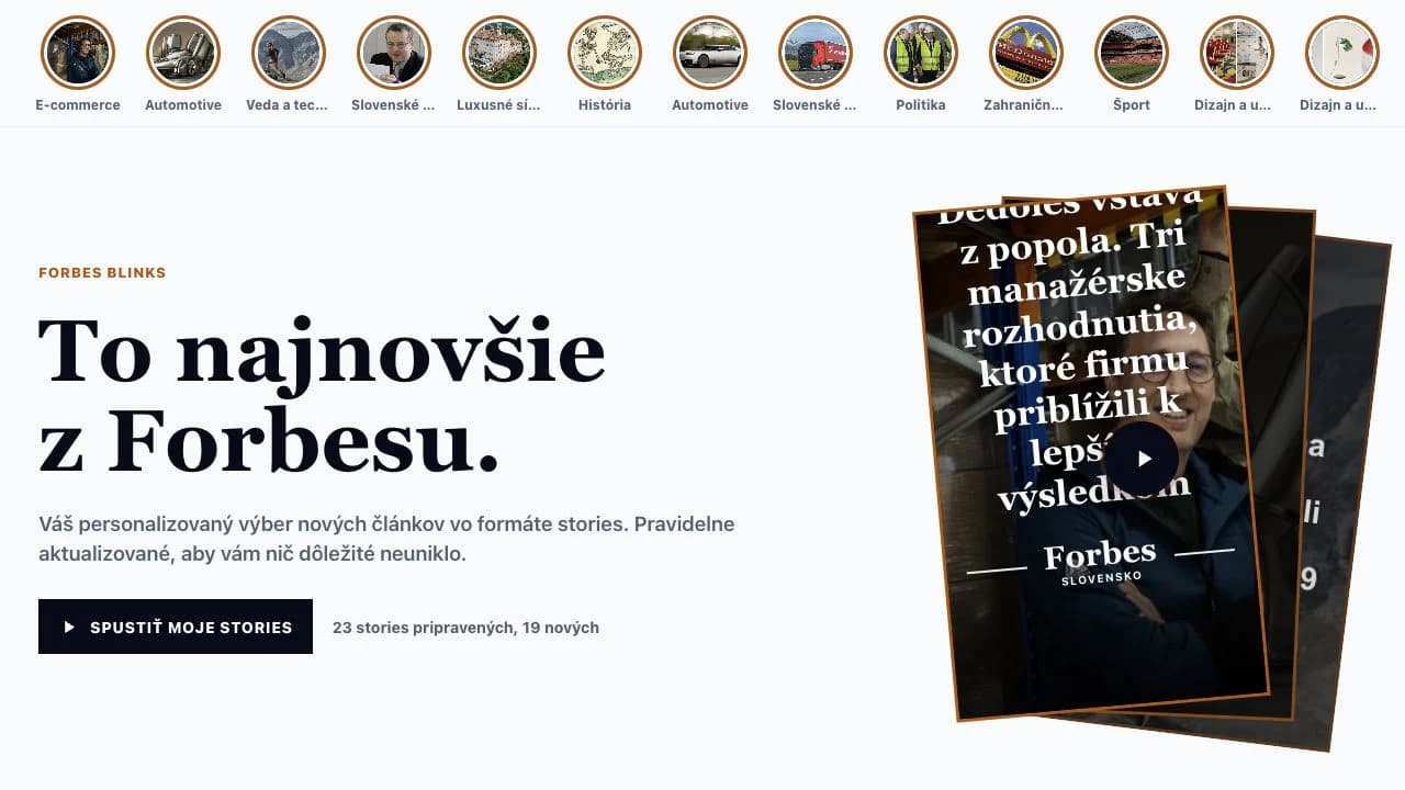 The Forbes Blinks homepage showing a personalized feed of article stories